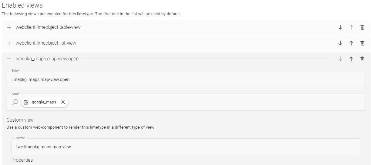 Lime Admin config - Maps view